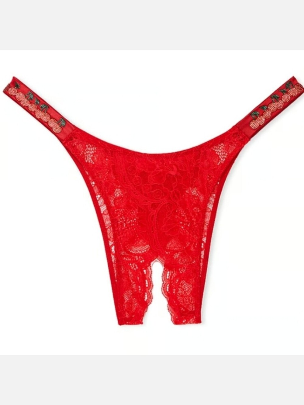 Victoria's secret very sexy crotchless shine strap cherry Brazilian panty XL RED